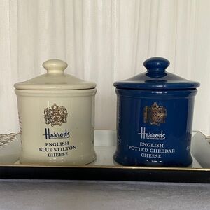 Harrods Blue and Cream Cheese Crock/Jars Set! Empty!